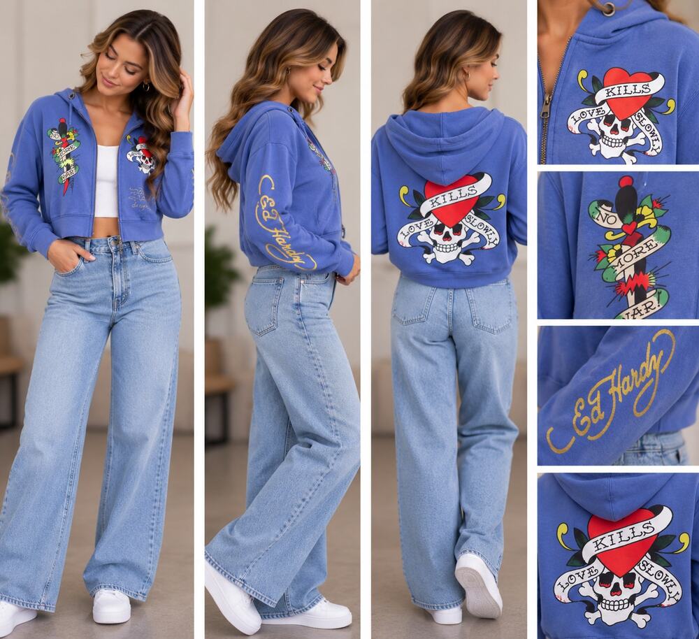 Ed Hardy Blue Graphic Cropped Zip-Up Hoodie — Size XL
